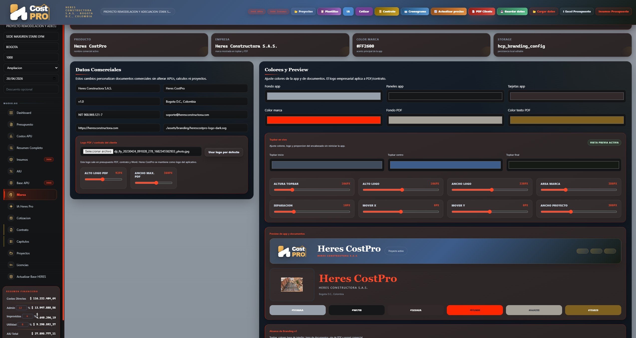 Configuraci&oacute;n de marca y logo en HERES CostPro