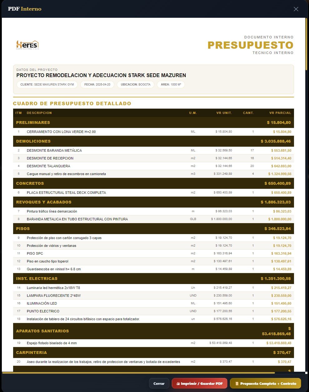 PDF profesional generado por HERES CostPro